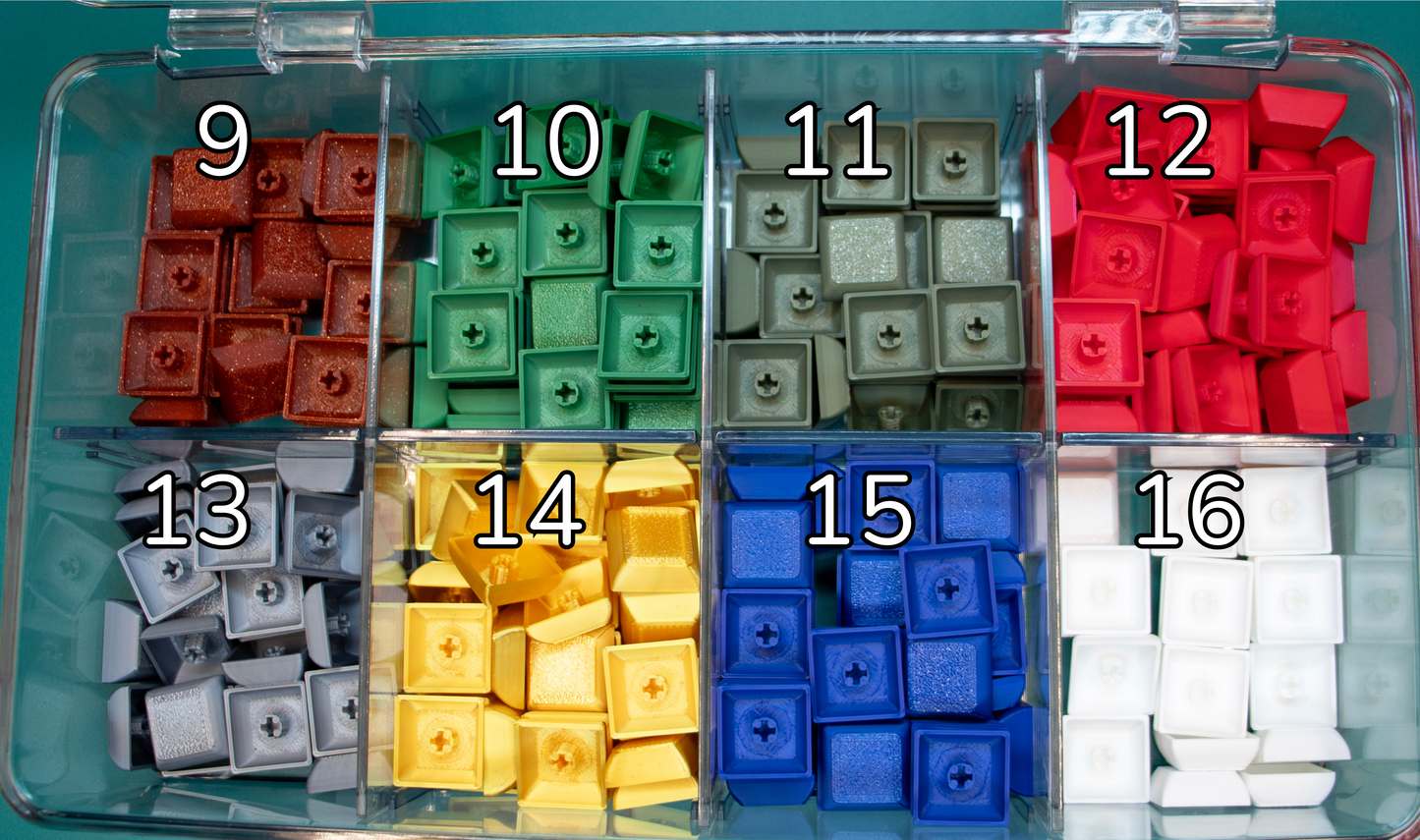 Clear container with compartments labeled 1-16 containing various colored square blocks.