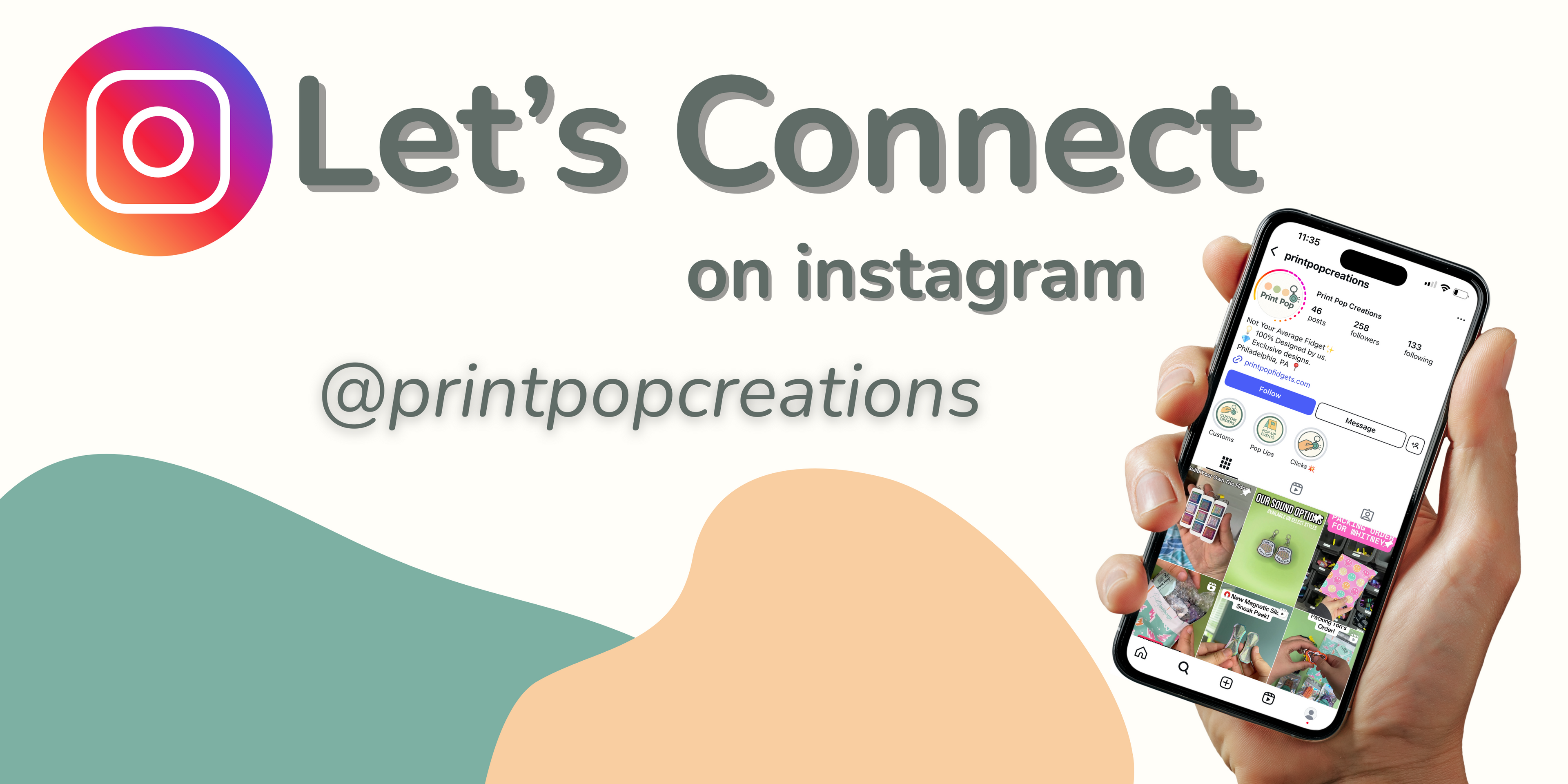 Hand holding a smartphone with Instagram app open, promoting 'Let's Connect on Instagram @printpopcreations'.