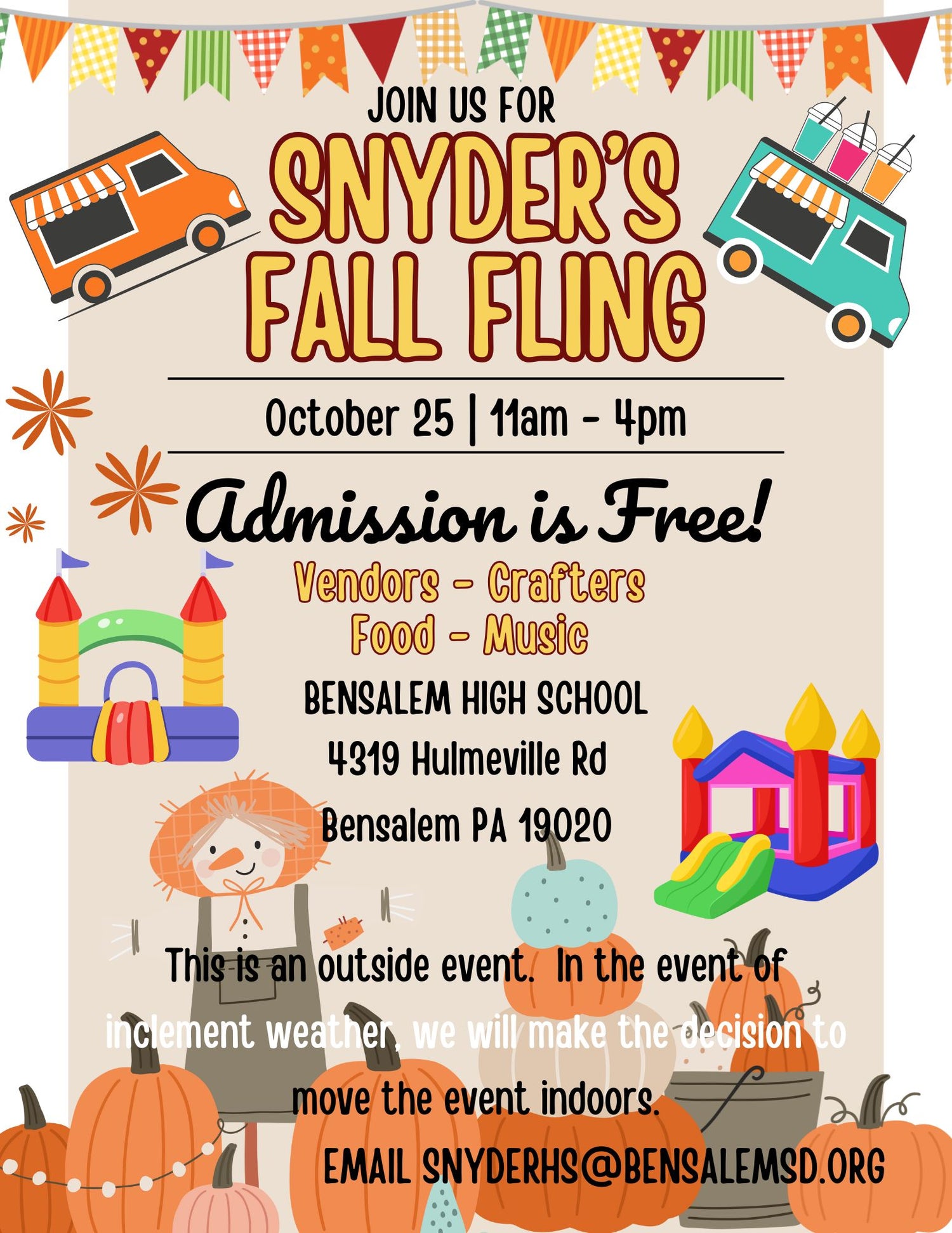 Promotional flyer for Snyder's Fall Fling event with colorful graphics and text.