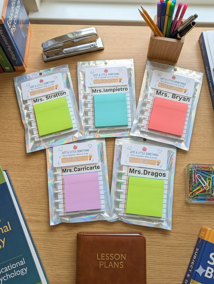 5 custom sticky note holders with various teacher names on them with sticky notes inside of plastic shell