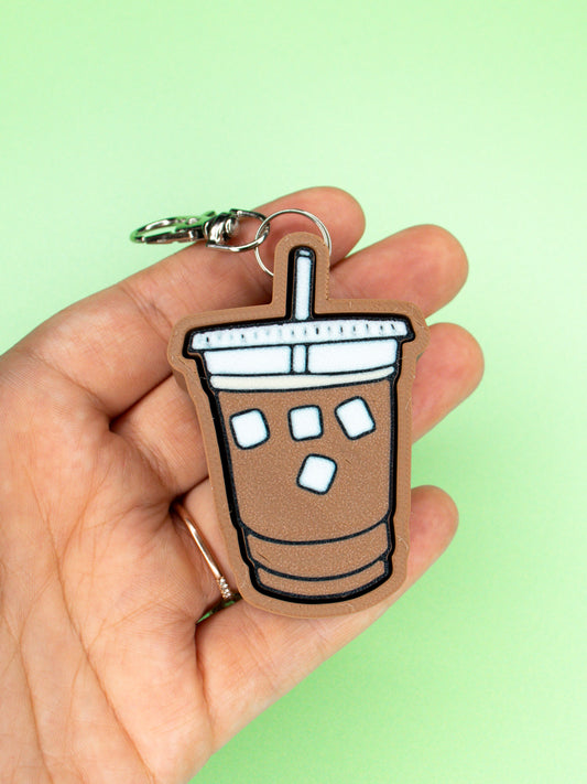 Iced Coffee Clicky Keychain Green Background
