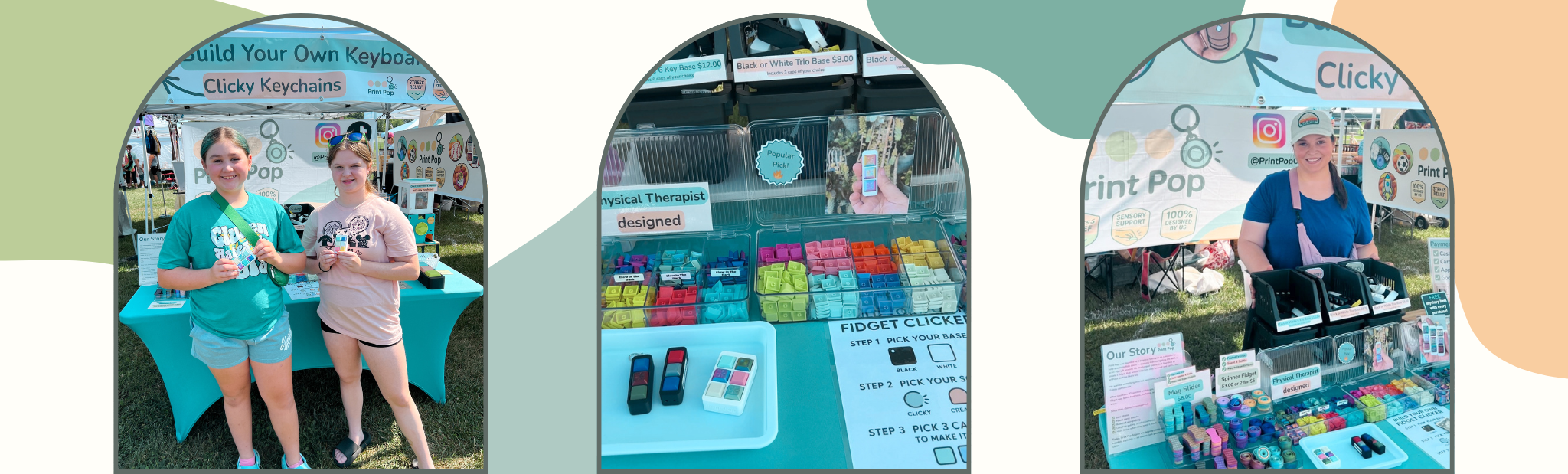 Colorful banner depicting three pictures of customers at Print Pop Creations pop up booth. Depicts 2 teenagers holding create your own keyboard fidgets as well. 