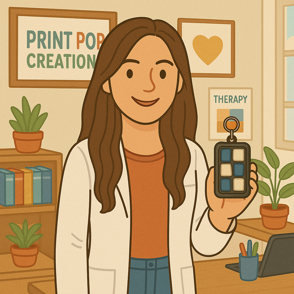 Chat GPT illustration of owner of print pop creations in a white coat holding a create your own keyboard fidget. 