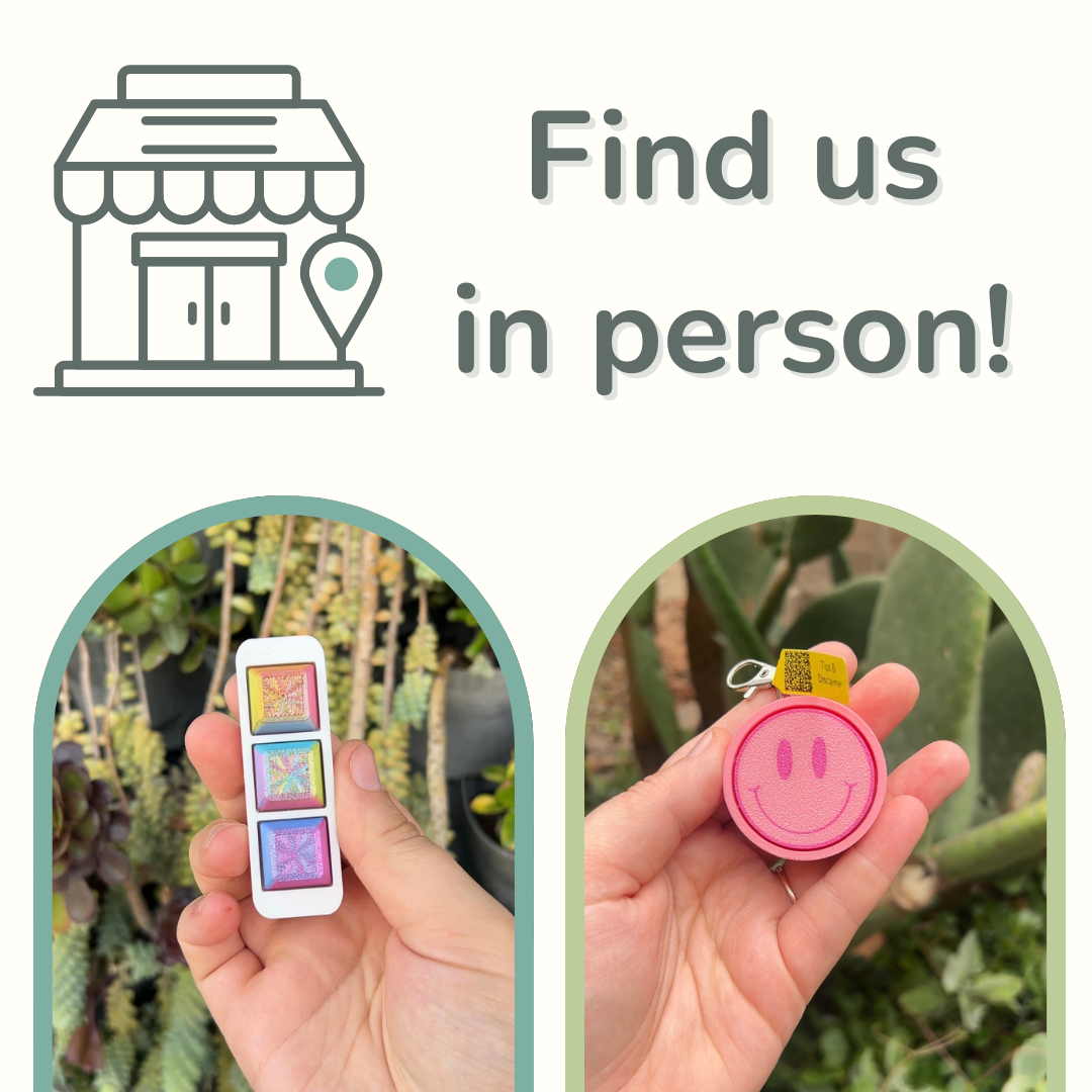 Print Pop Creations Fidget pictures with text that says find us in person with pop up shop logo