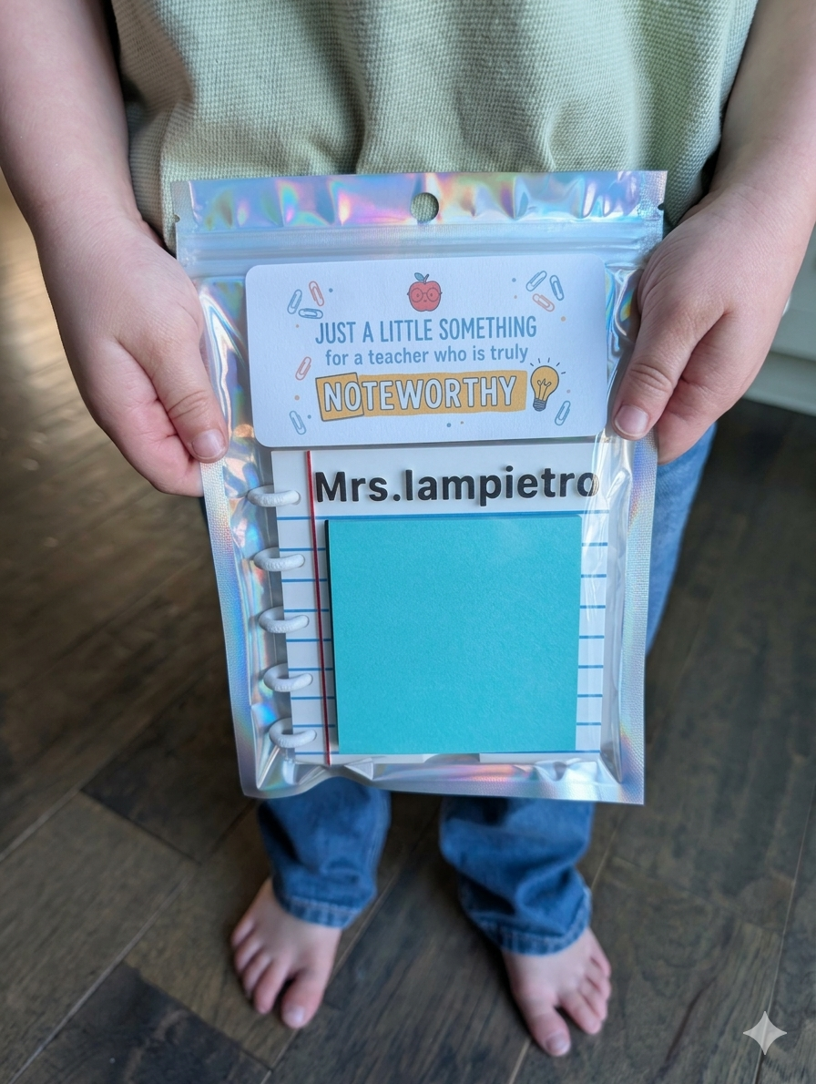 Small child holding sticky note holder with name customized as Mrs. Iampietro. 